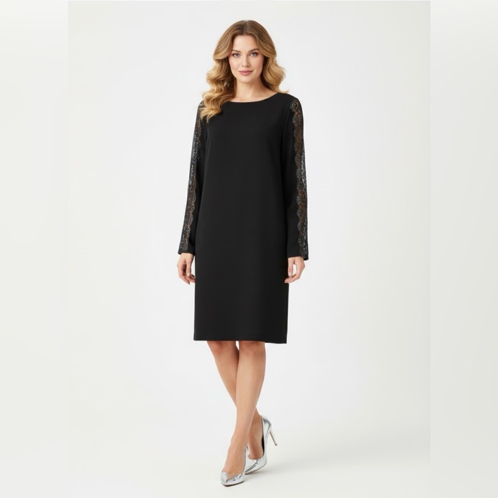 Tahari Ponte Knit Shift Dress Lace Sleeves Black Size Medium